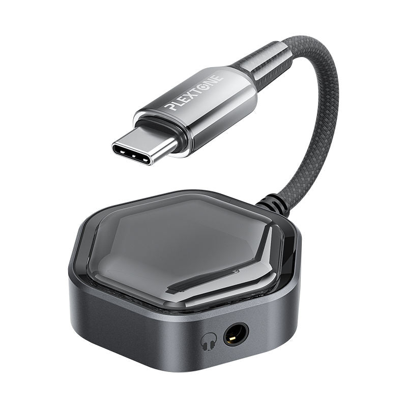 Plextone GS1 Pro gaming adapter variants - Blue with 3.5mm jack and Black with Type-C audio port