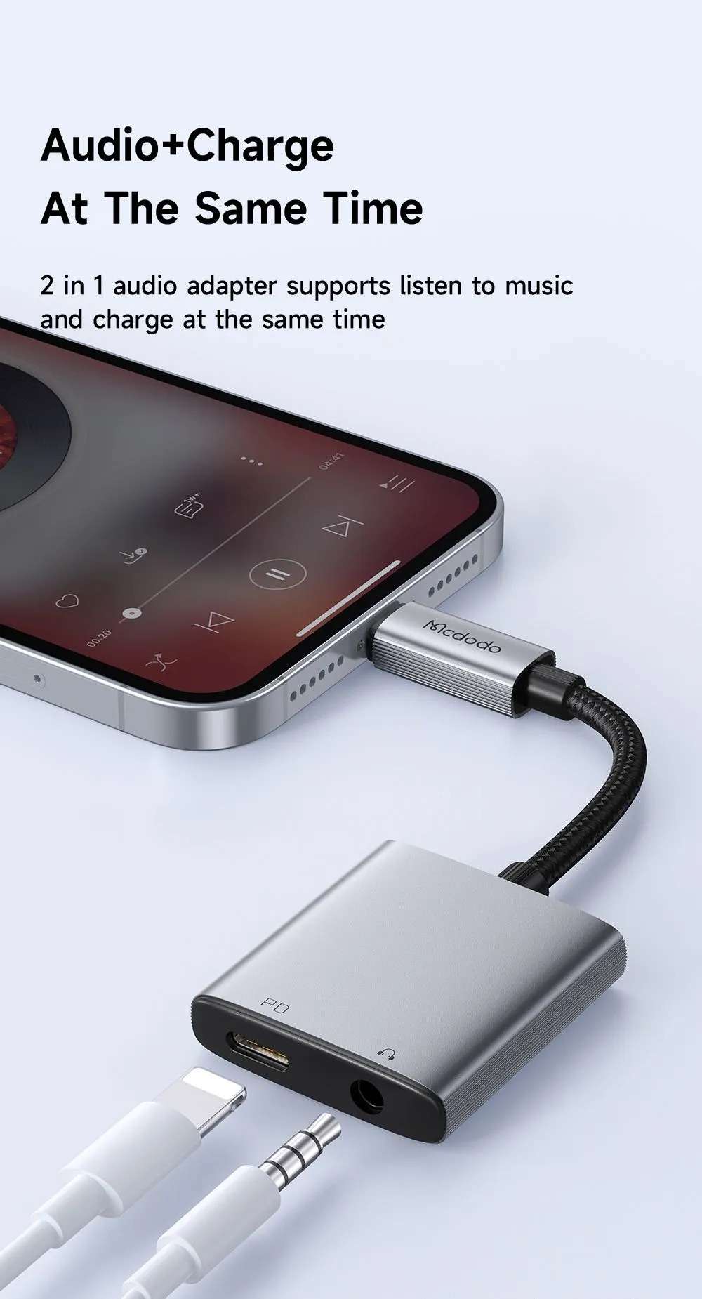 Mcdodo CA-5560 dual port design showing Lightning charging and 3.5mm headphone jack